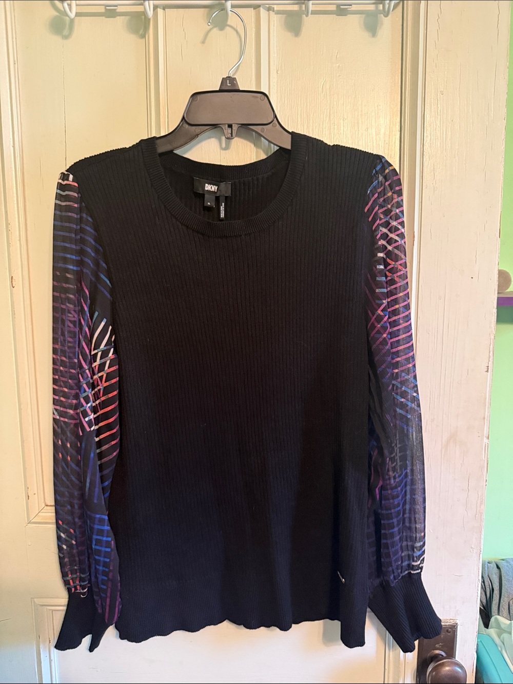 DKNY Black Ribbed Top with Multicolor Printed Sheer Sleeves